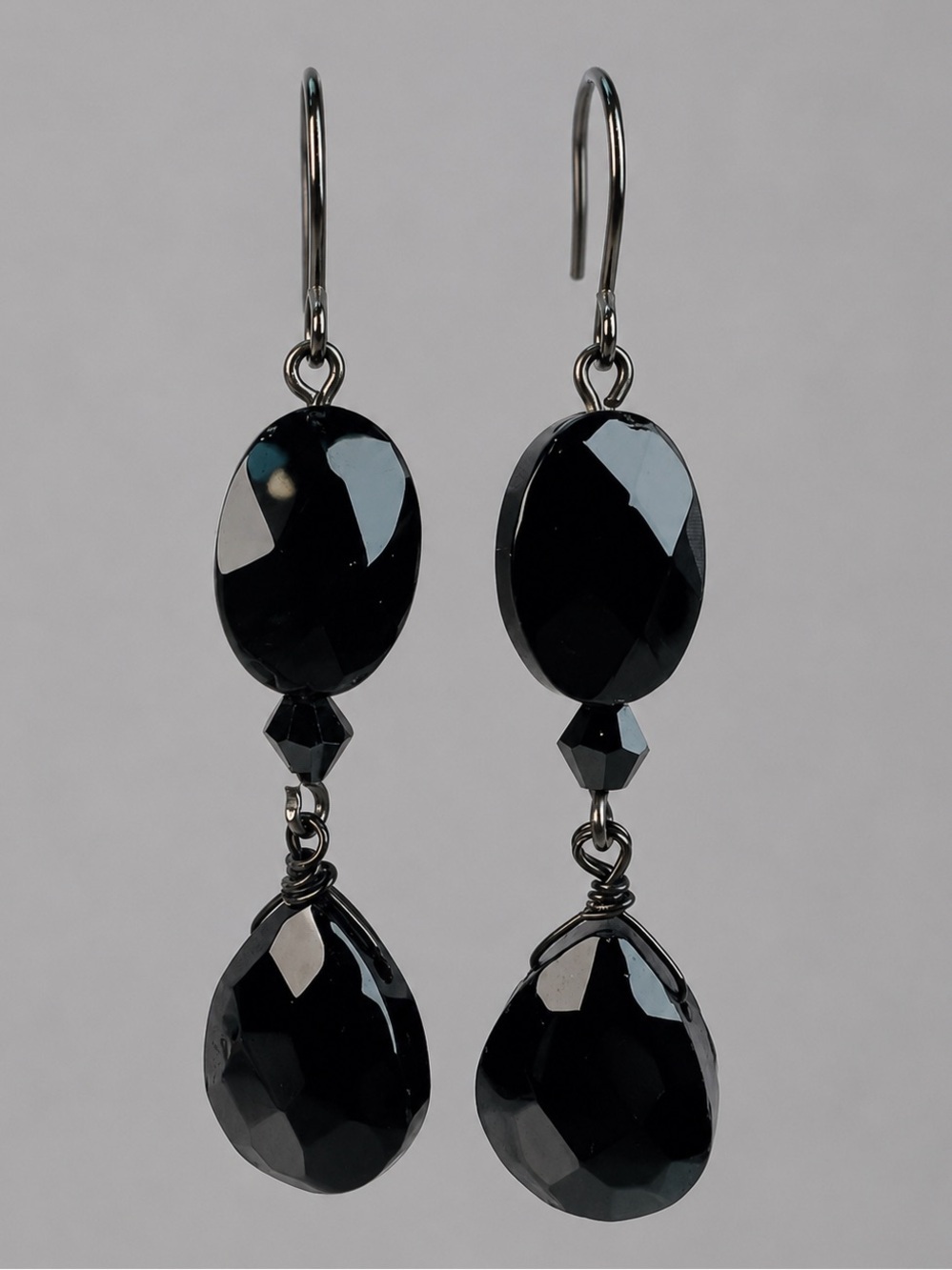 Beautiful dressy black beaded gunmetal long pierced earrings